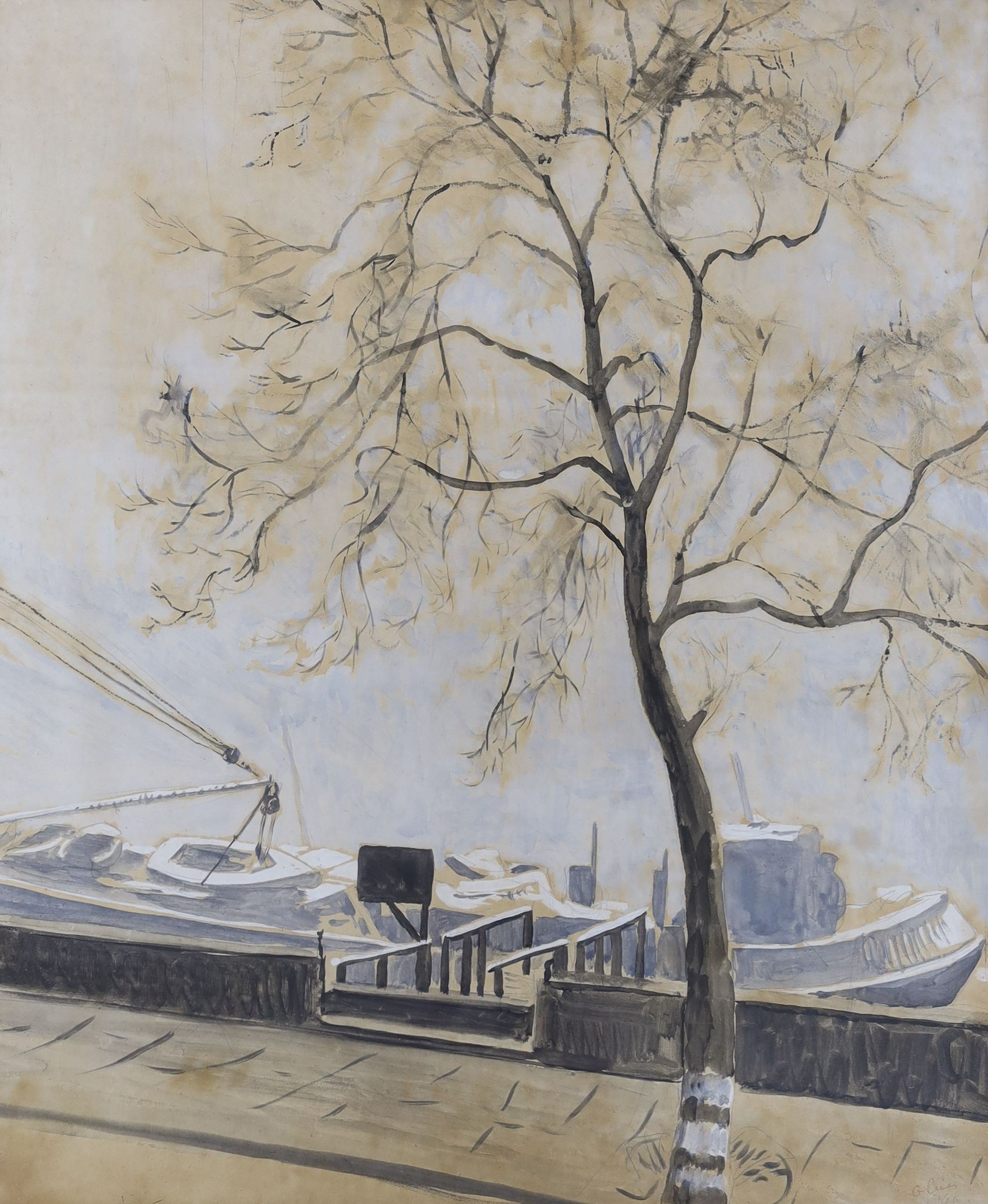 Margery Oliver (fl.1938-40), watercolour, 'River mist', signed, 1940 Leicester Galleries Exhibition label verso, 63 x 53cm